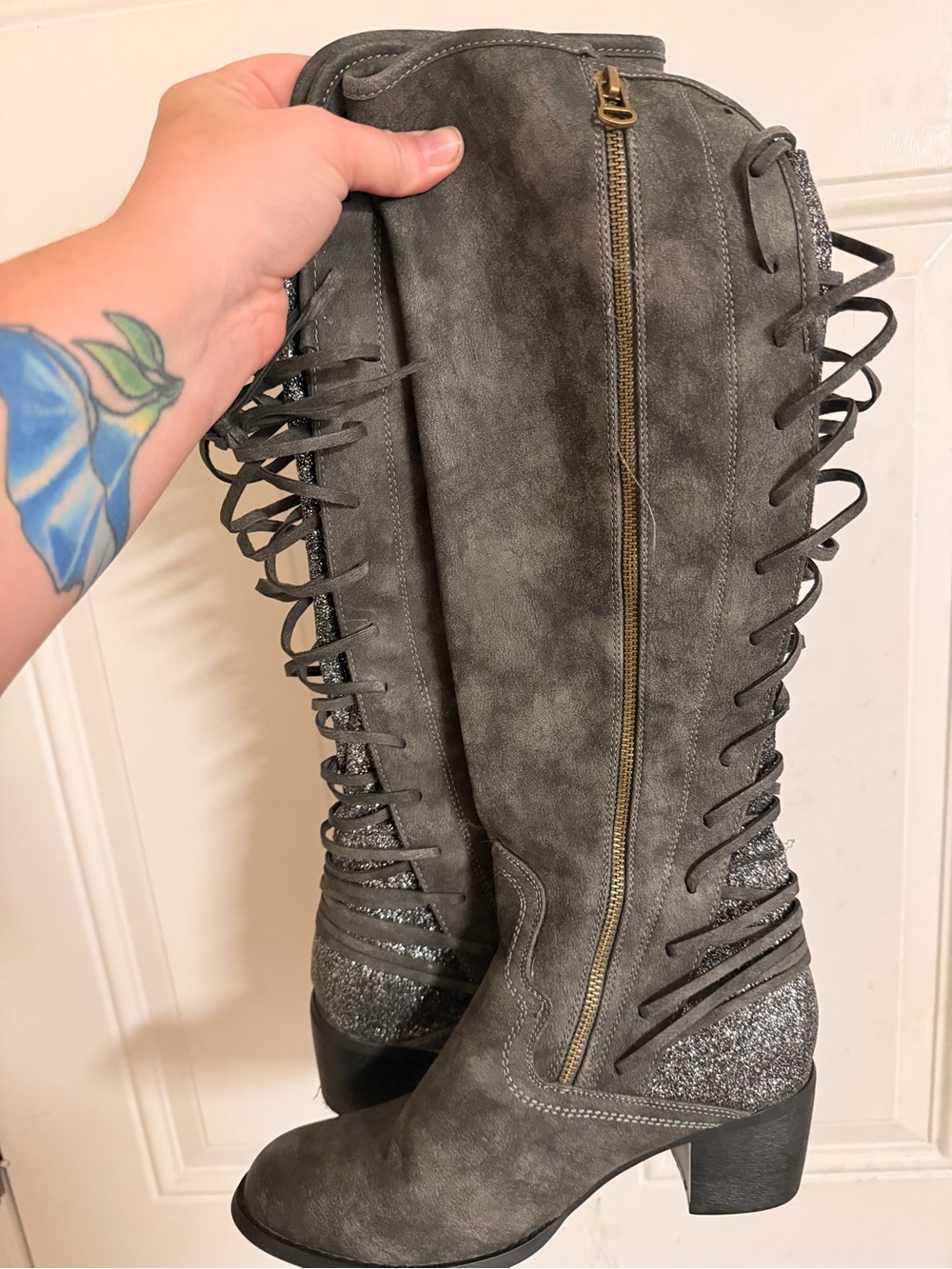 Women’s Gray Lace-Up Glitter laced and loaded knee high boots